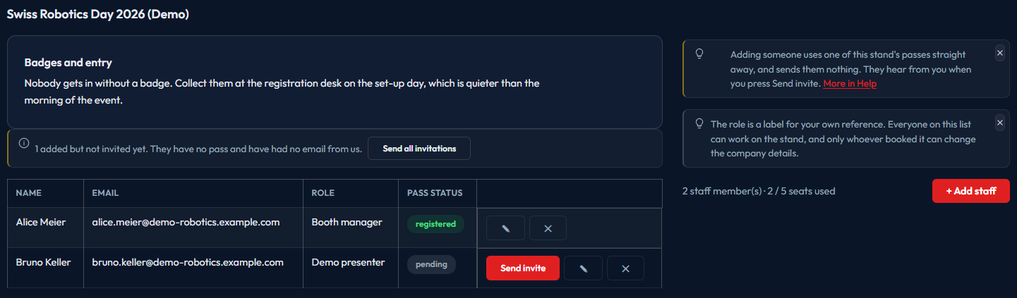 The Booth staff tab, showing a table of two staff members with their roles and pass statuses, a counter reading 2 of 5 seats used, and an Add staff button.