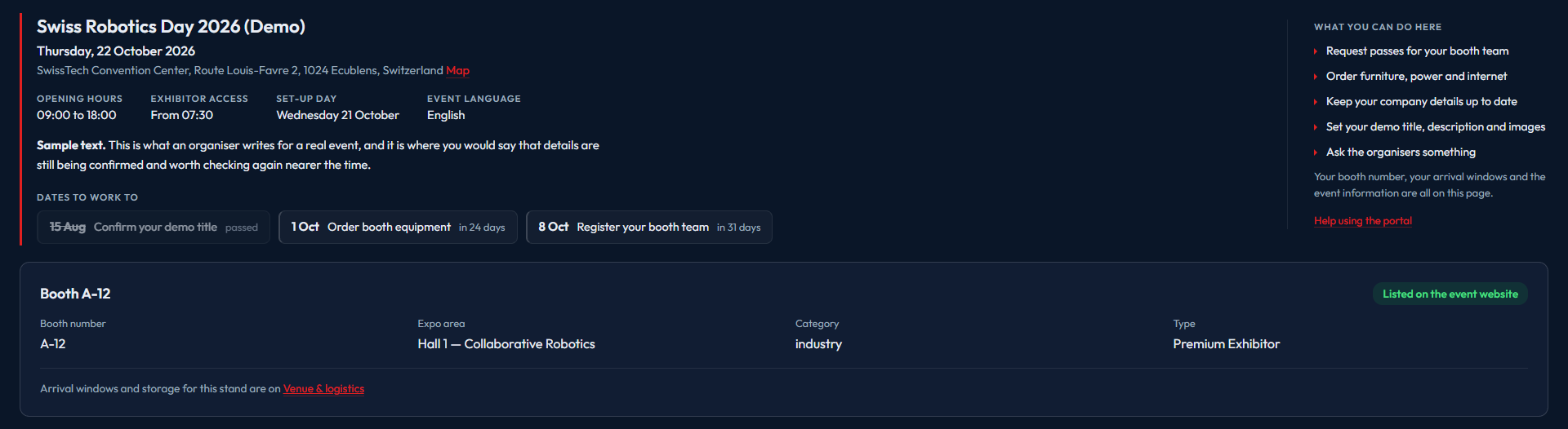 The Event details tab, showing the event date and venue, an opening-hours strip, three dated deadlines with countdowns, and a booth card reading Booth A-12, Hall 1 Collaborative Robotics, tagged Listed on the event website.