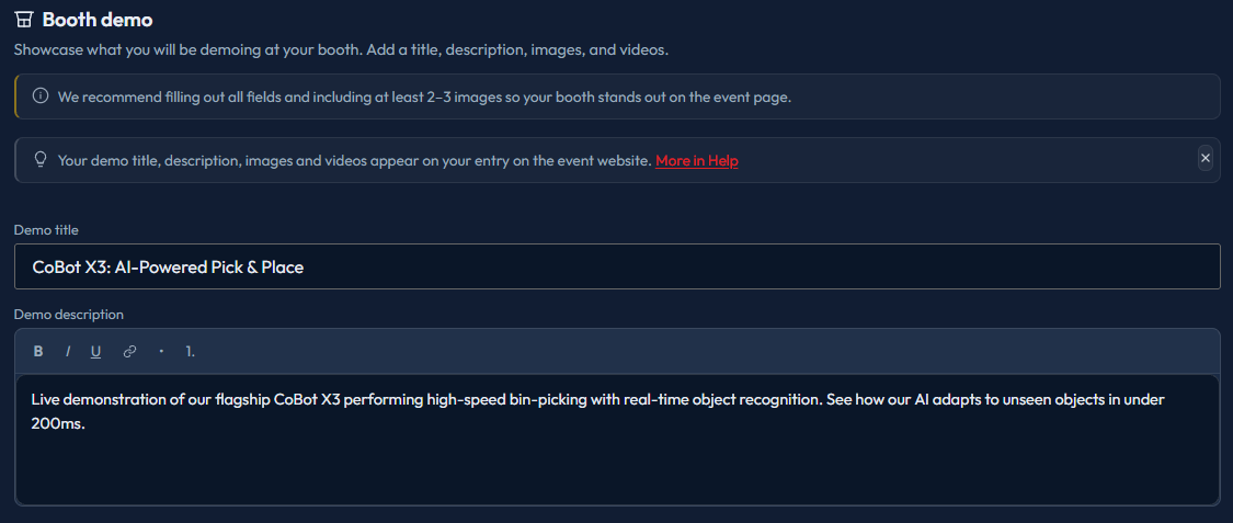 The Media and demo tab, showing a demo title field reading CoBot X3: AI-Powered Pick and Place and a rich-text demo description below it.